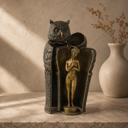 Sculpture bronze hibou à secret avec nu féminin Art Nouveau