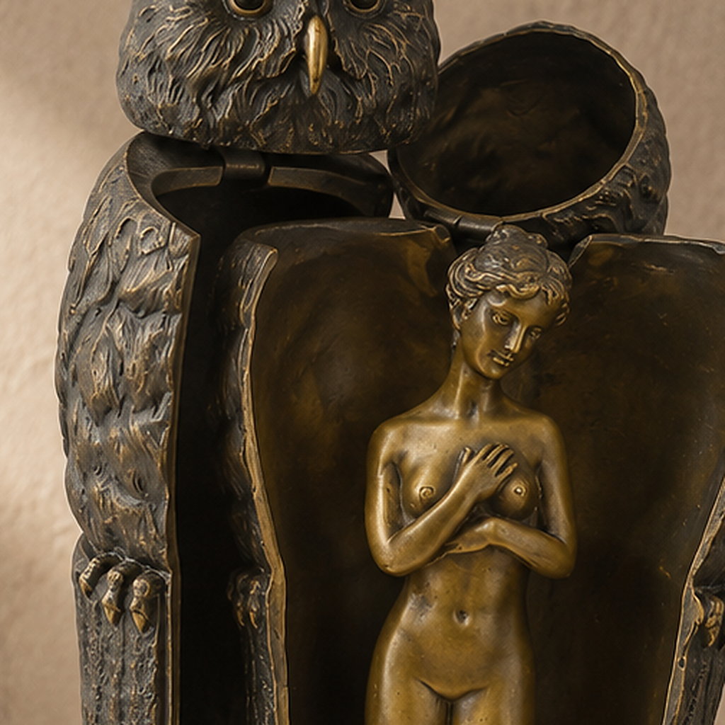Sculpture bronze hibou à secret avec nu féminin Art Nouveau, vue 5