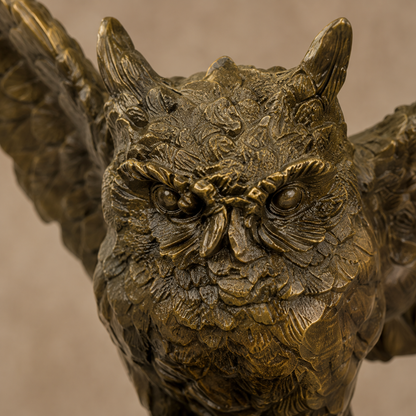 Sculpture bronze hibou perché sur crâne humain, socle marbre, vue 2