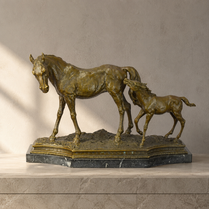 Sculpture bronze jument et poulain sur socle marbre veiné