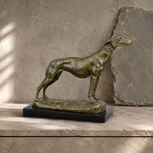 Sculpture bronze lévrier en position d'arrêt sur socle marbre