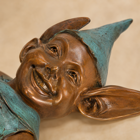 Sculpture bronze lutin allongé jambes en l'air patine verte, vue 2