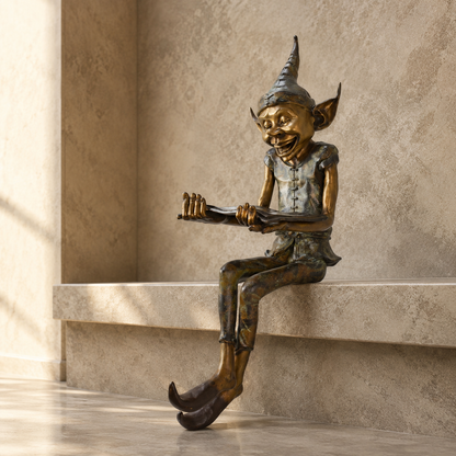 Sculpture bronze lutin assis lisant un livre