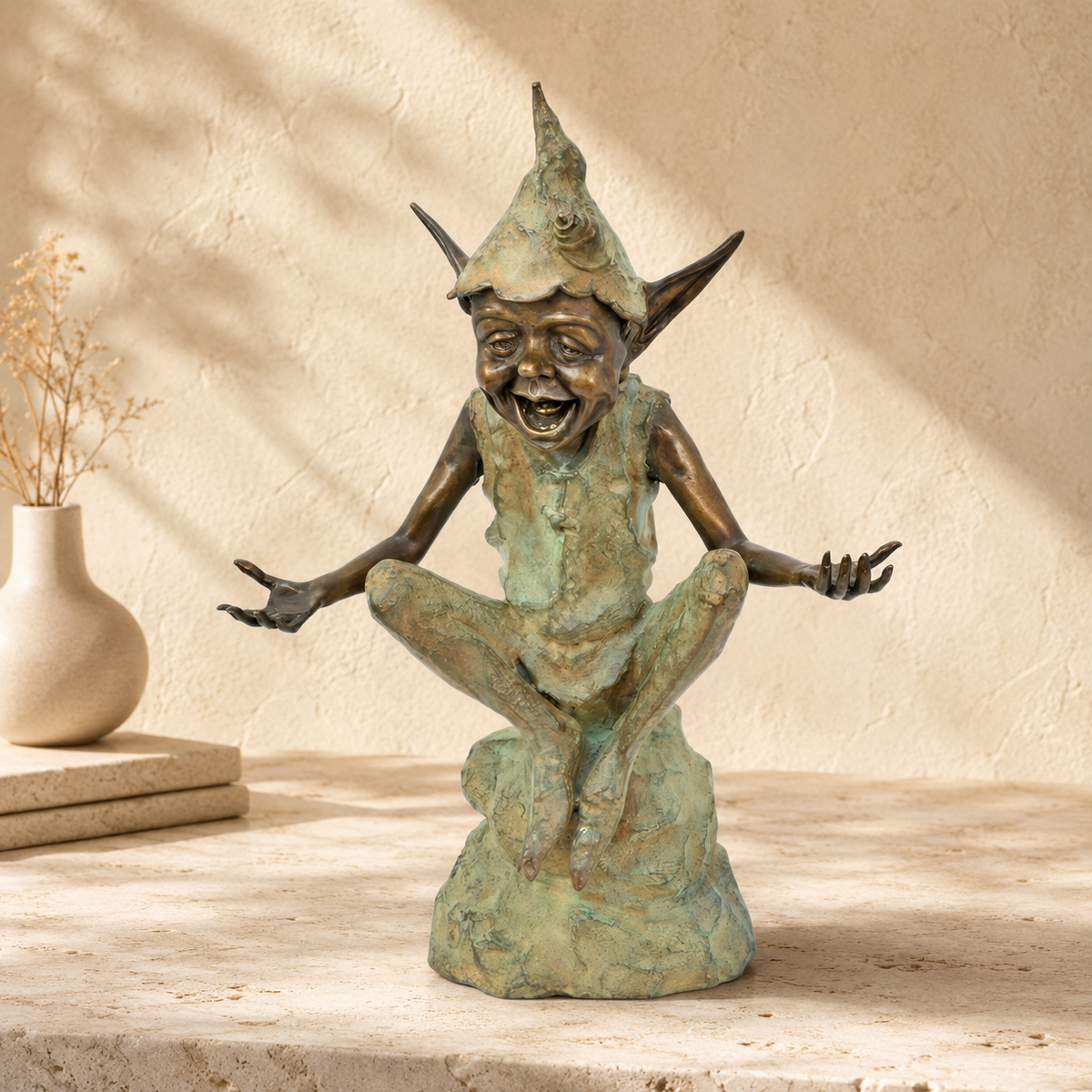 Sculpture bronze lutin rieur assis sur rocher patine verte