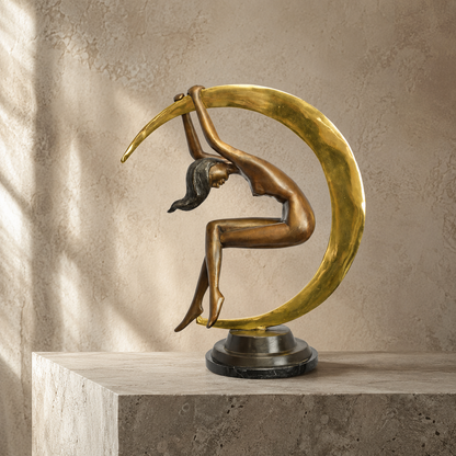 Sculpture bronze nu féminin sur croissant de lune doré
