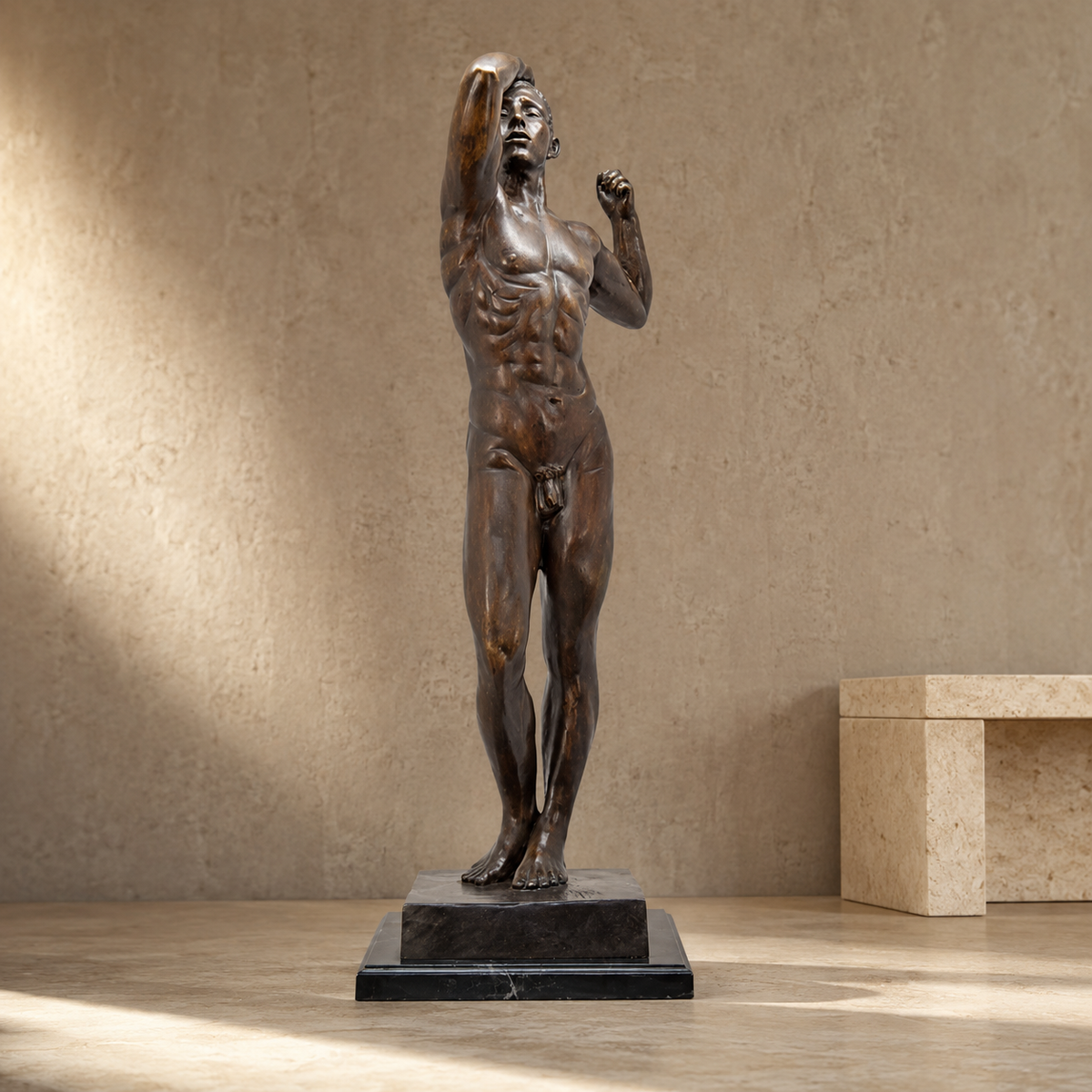 Sculpture bronze Nu masculin athlétique sur socle marbre