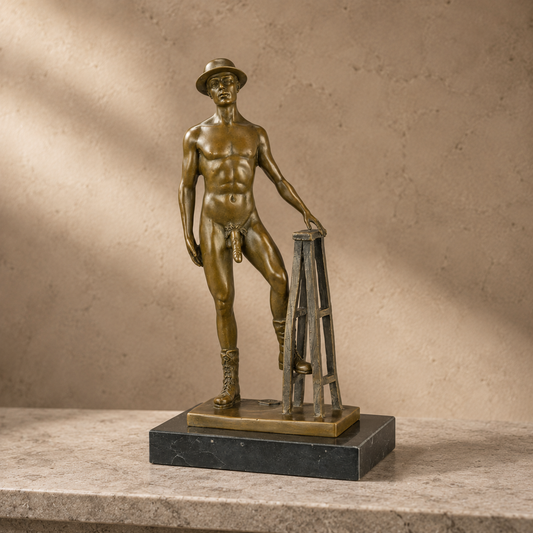 Sculpture bronze nu masculin au chapeau et chevalet