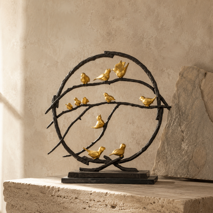 Sculpture bronze oiseaux dorés sur branches circulaires