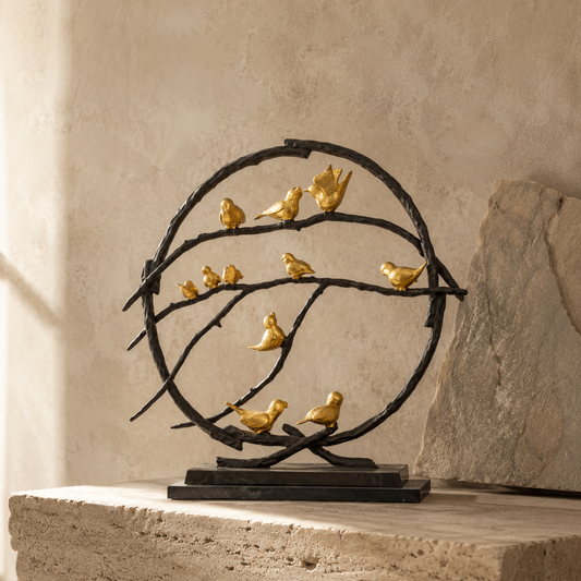 Sculpture bronze oiseaux dorés sur branches circulaires