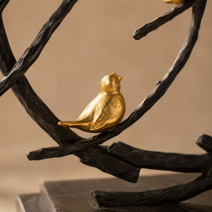 Sculpture bronze oiseaux dorés sur branches circulaires, vue 5