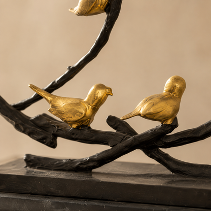 Sculpture bronze oiseaux dorés sur branches circulaires, vue 6