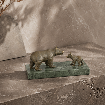 Sculpture bronze ourse et ourson sur socle marbre vert