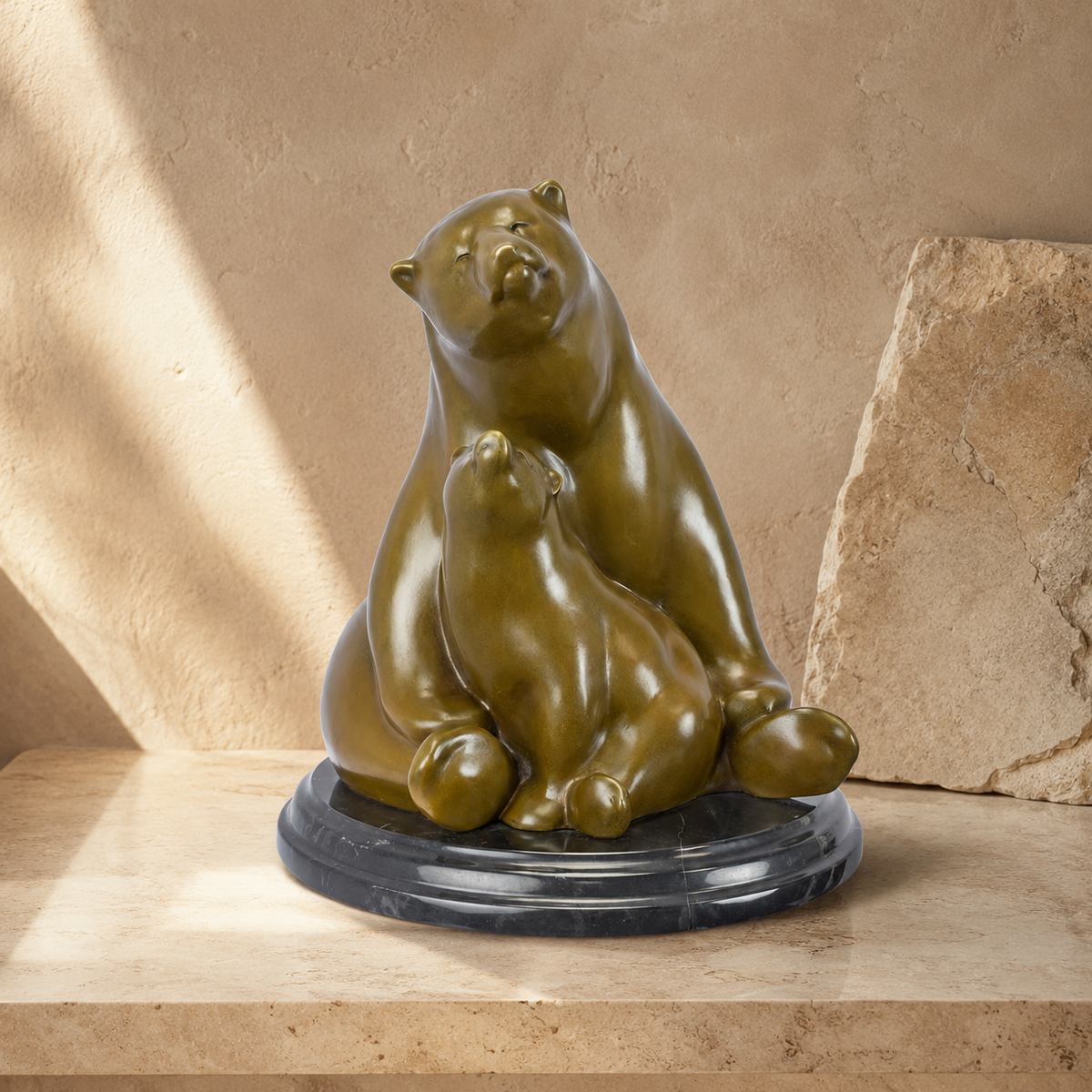 Sculpture bronze ourse et ourson sur socle marbre