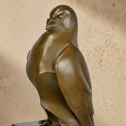 Sculpture bronze patine brune, pigeon sur socle marbre noir, vue 7
