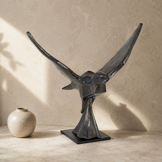 Sculpture bronze patiné, pigeon aux ailes déployées en vol