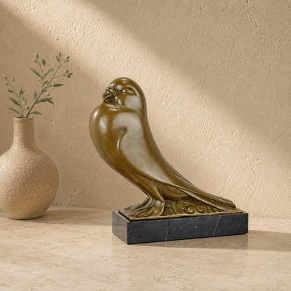 Sculpture bronze pigeon stylisé Art Déco sur socle marbre