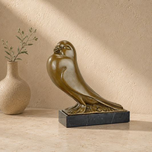 Sculpture bronze pigeon stylisé Art Déco sur socle marbre