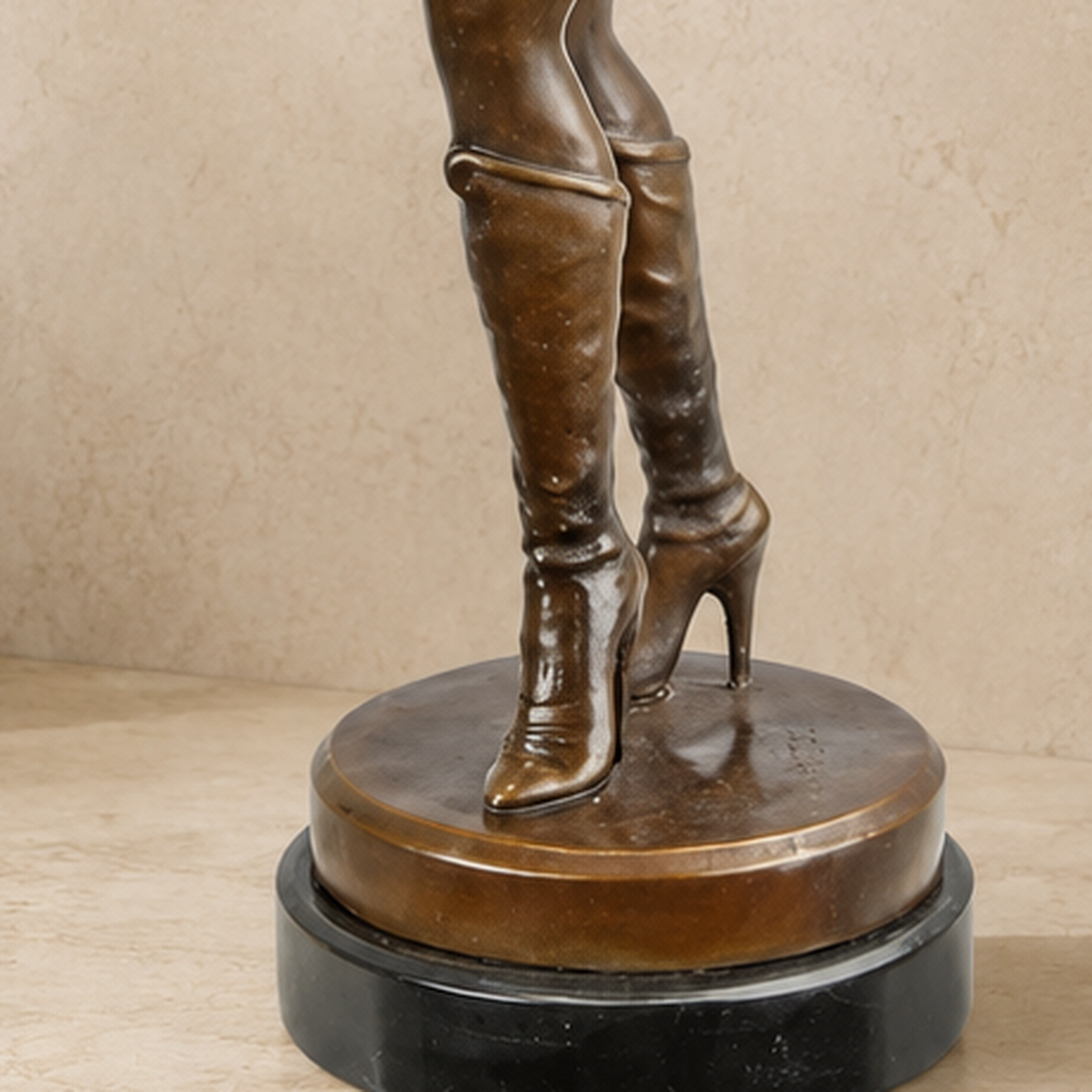 Sculpture bronze pin-up aux bottes à talons sur socle marbre, vue 7