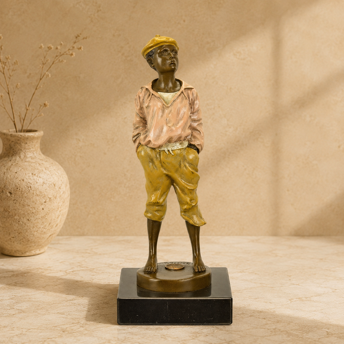 Sculpture bronze polychrome, jeune garçon siffleur pieds nus