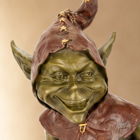 Sculpture bronze polychrome lutin dansant aux escargots, vue 2