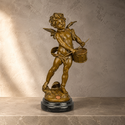 Sculpture bronze putto musicien au tambour sur socle marbre