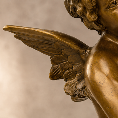 Sculpture bronze putto musicien au tambour sur socle marbre, vue 4