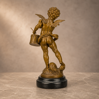 Sculpture bronze putto musicien au tambour sur socle marbre, vue 5