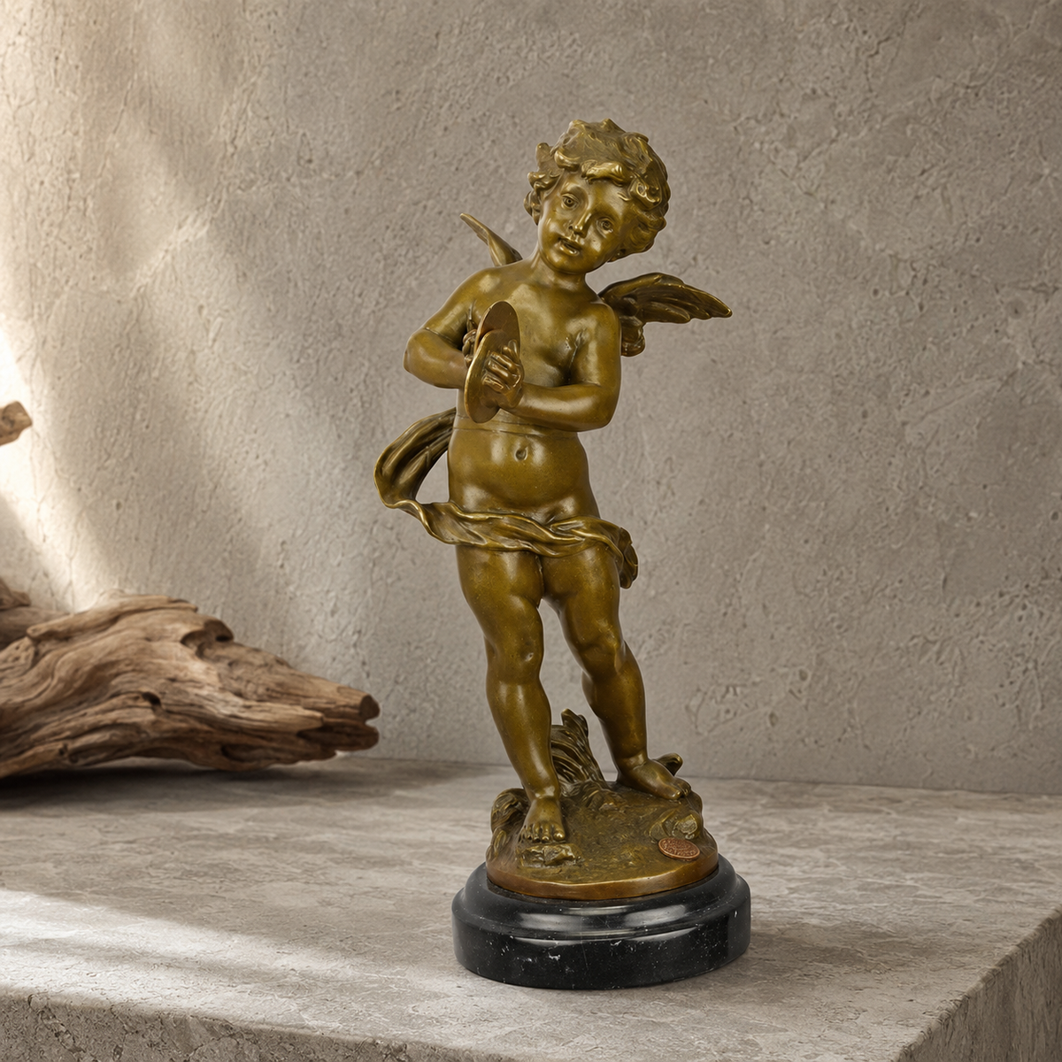 Sculpture bronze putto musicien aux cymbales sur socle marbre