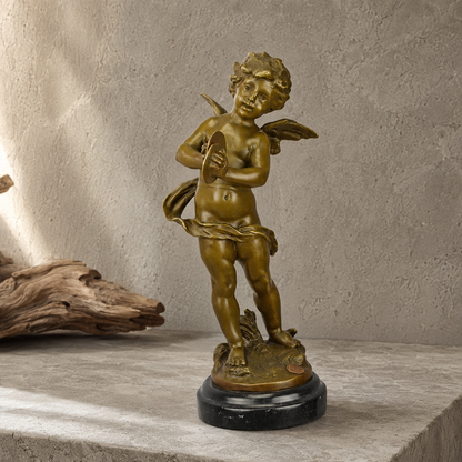 Sculpture bronze putto musicien aux cymbales sur socle marbre