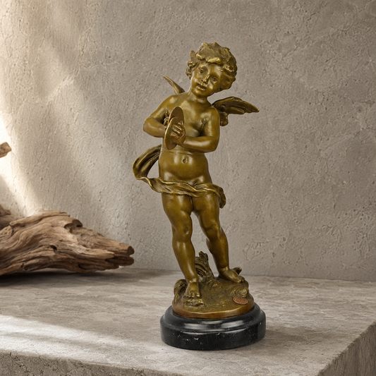 Sculpture bronze putto musicien aux cymbales sur socle marbre