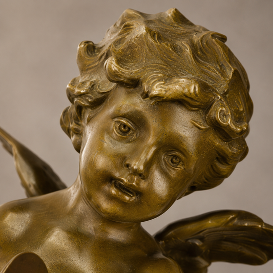 Sculpture bronze putto musicien aux cymbales sur socle marbre, vue 2