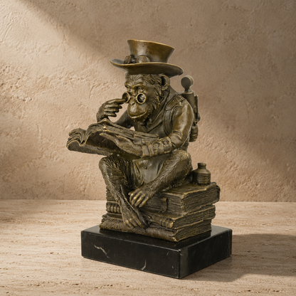 Sculpture bronze singe savant au haut-de-forme lisant