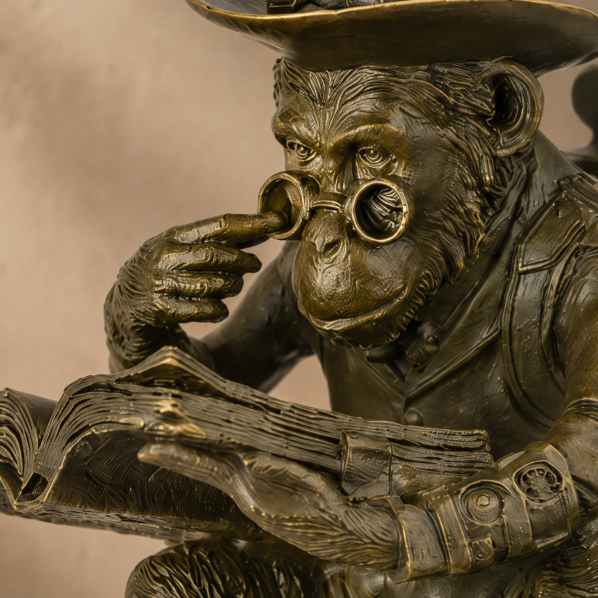 Sculpture bronze singe savant au haut-de-forme lisant, vue 3