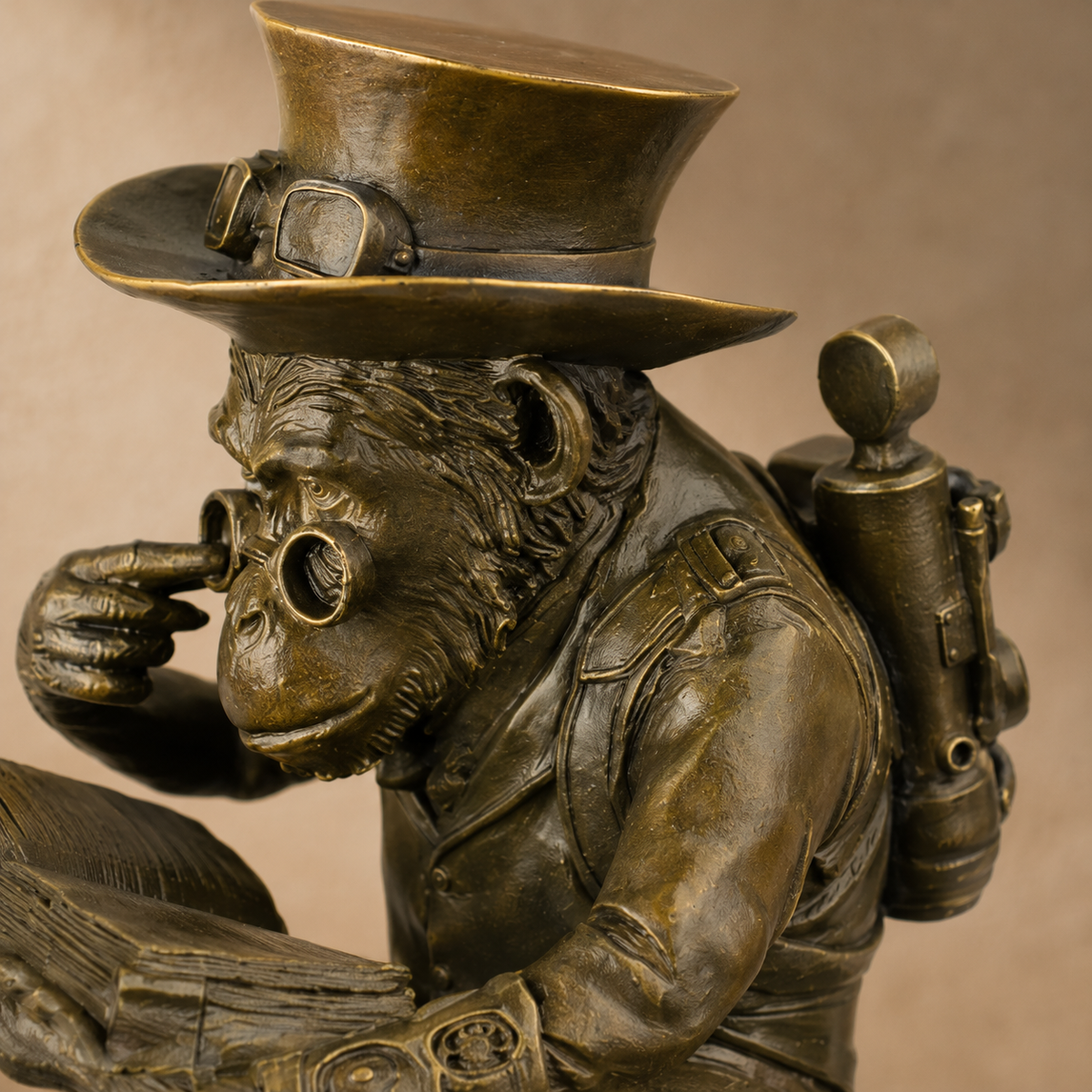 Sculpture bronze singe savant au haut-de-forme lisant, vue 6