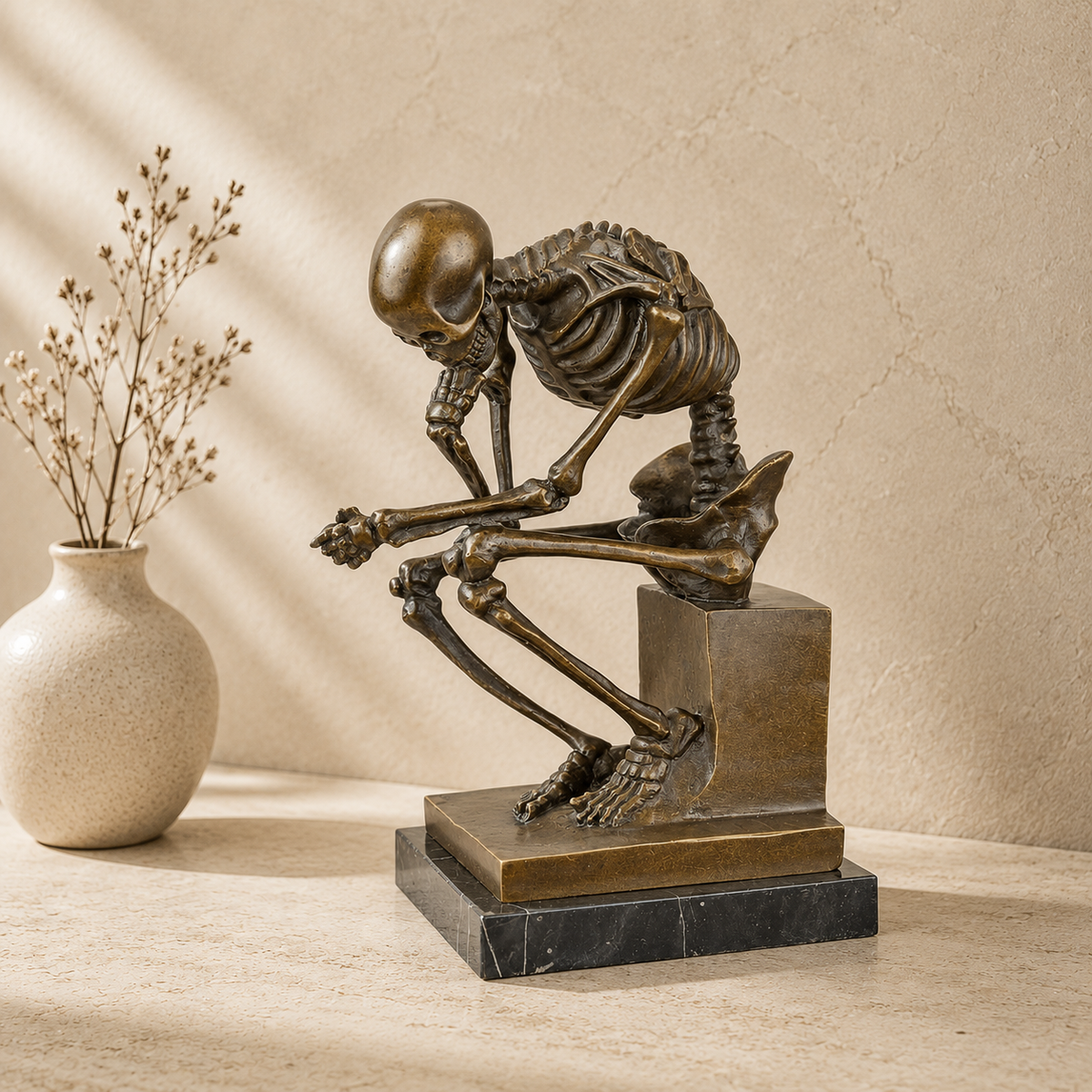 Sculpture bronze squelette penseur sur socle marbre