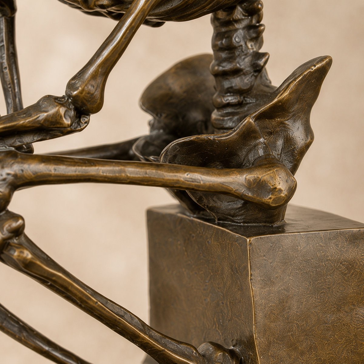 Sculpture bronze squelette penseur sur socle marbre, vue 5