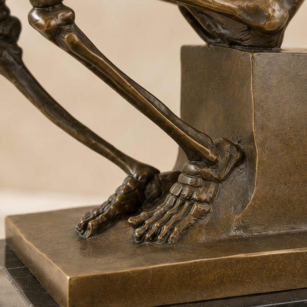 Sculpture bronze squelette penseur sur socle marbre, vue 6