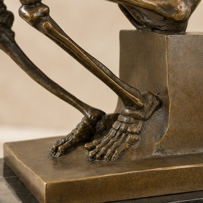 Sculpture bronze squelette penseur sur socle marbre, vue 6