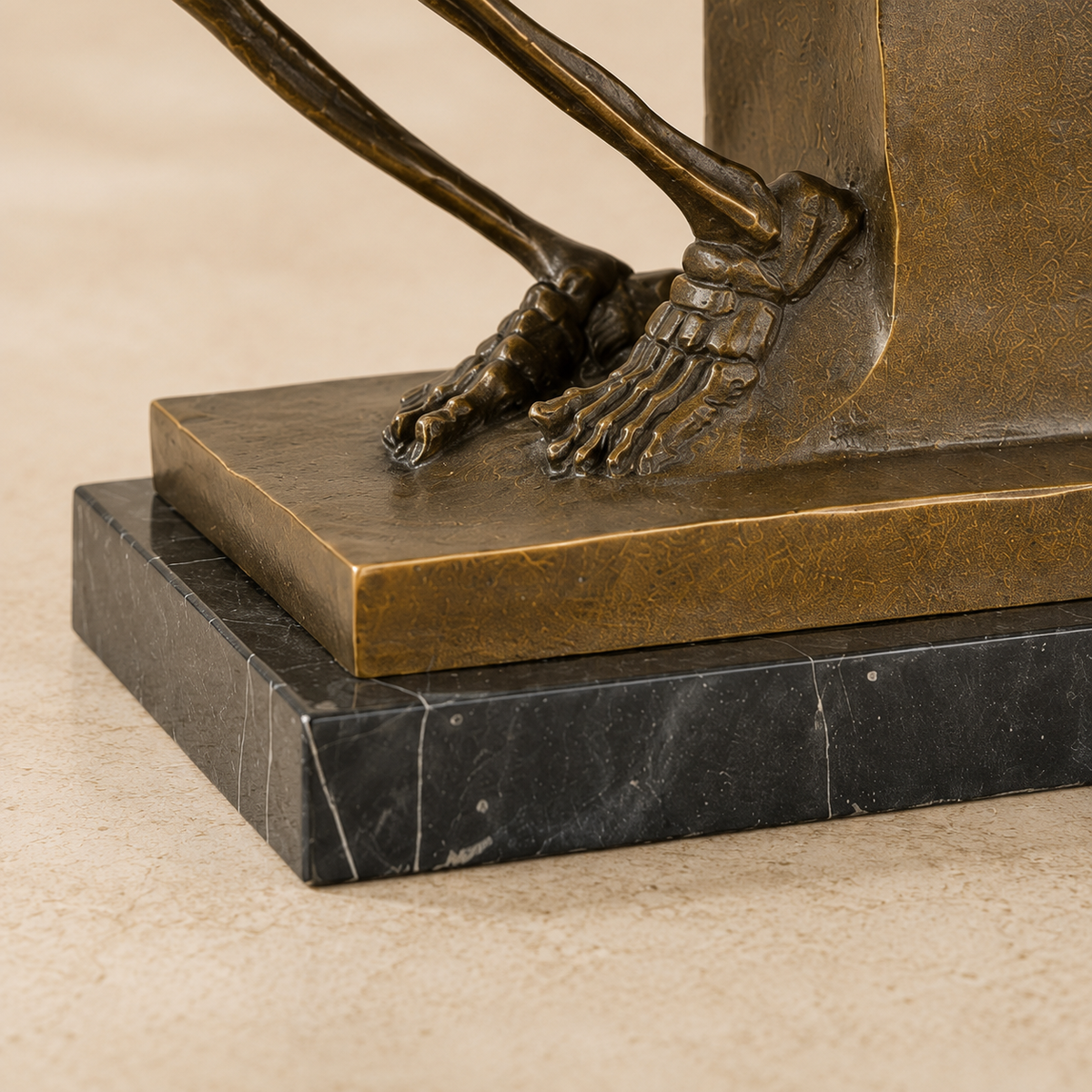 Sculpture bronze squelette penseur sur socle marbre, vue 7