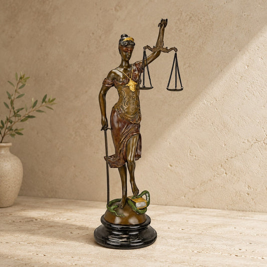 Sculpture bronze Thémis, déesse de la Justice, socle marbre