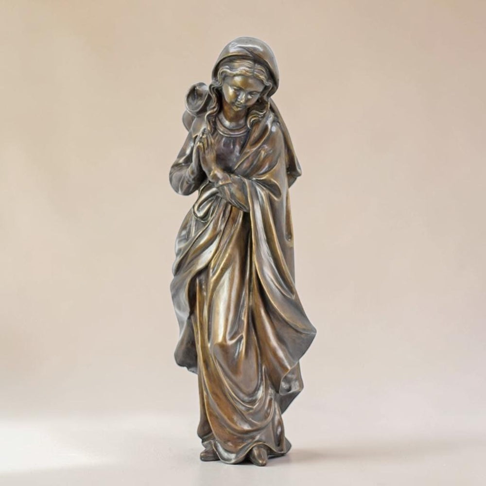Sculpture en bronze Vierge Marie en prière voile drapé, vue 4