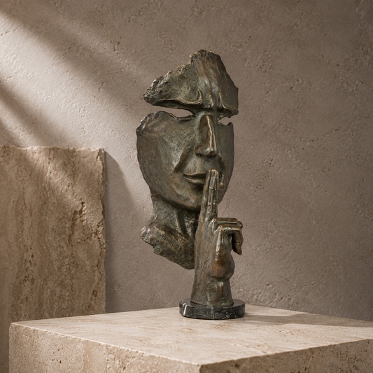 Sculpture bronze visage fragmenté geste du silence