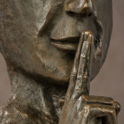 Sculpture bronze visage fragmenté geste du silence, vue 4