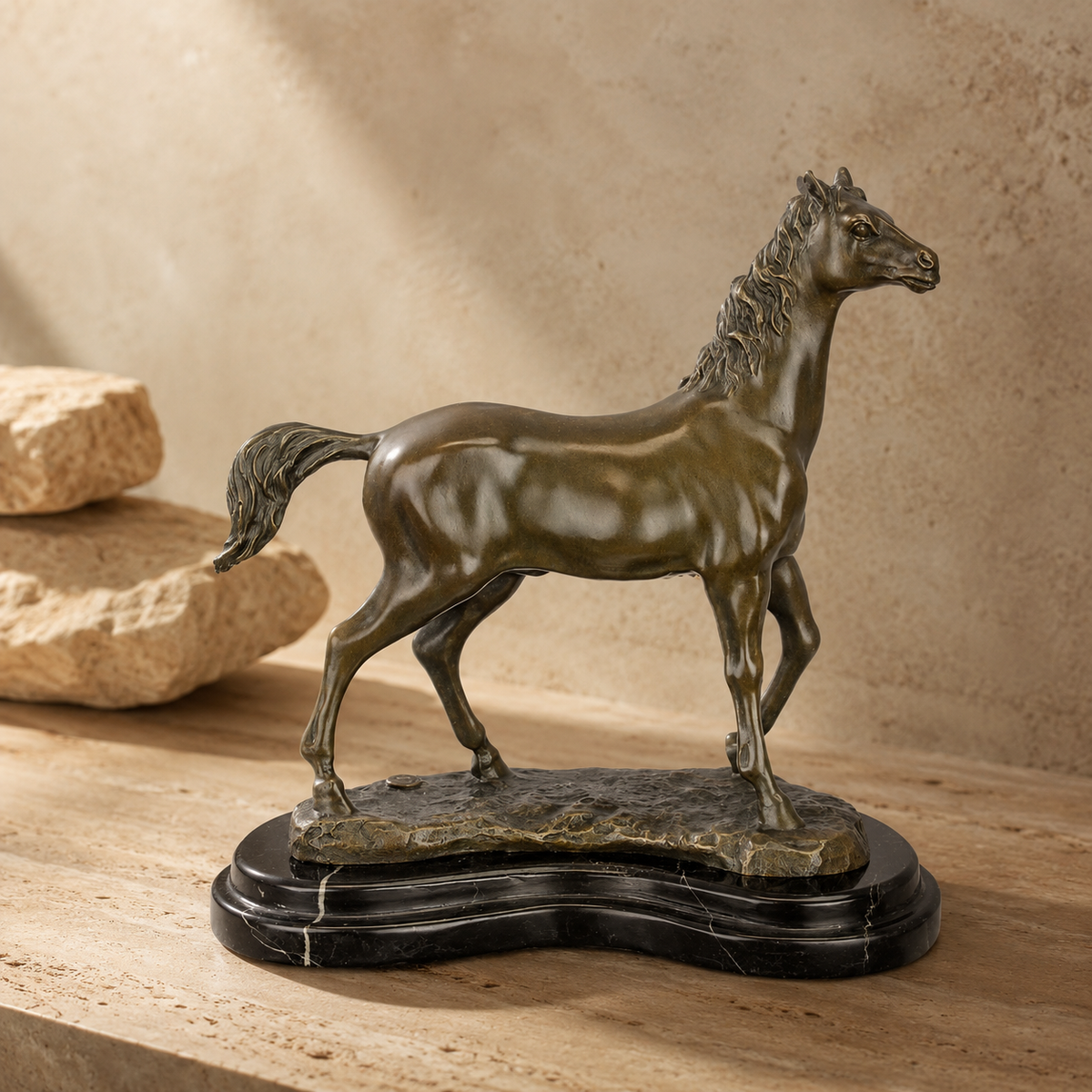 Sculpture cheval arabe au pas en bronze patiné sur marbre