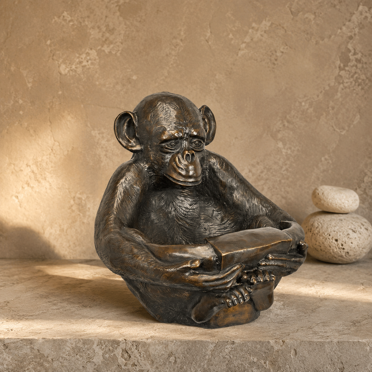 Sculpture chimpanzé assis tenant une coupe en bronze patiné