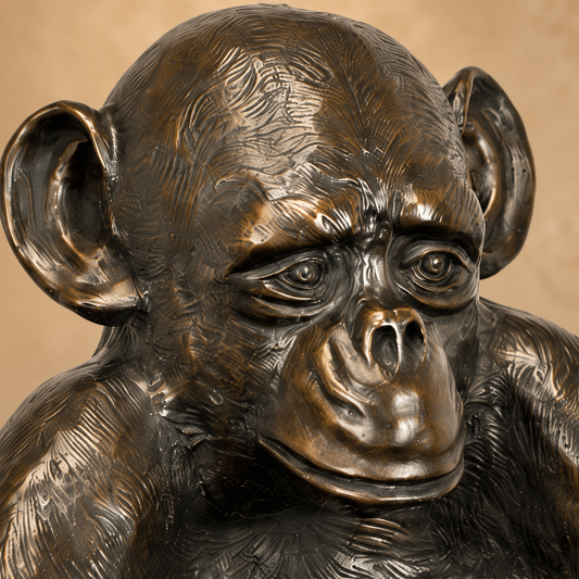 Sculpture chimpanzé assis tenant une coupe en bronze patiné, vue 2