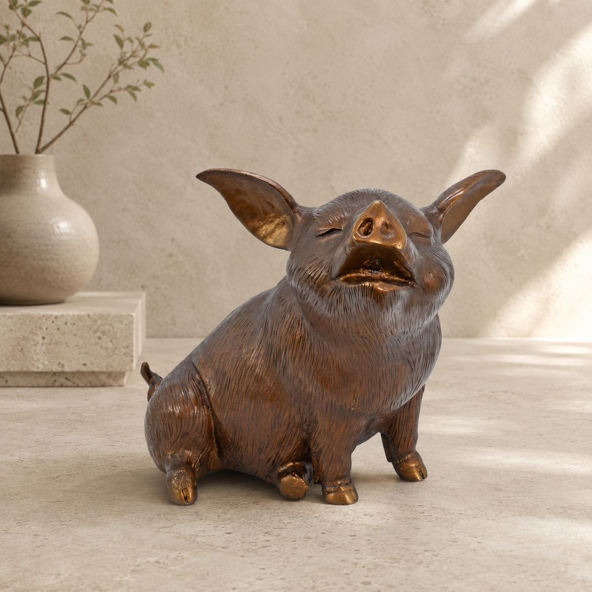 Sculpture cochon assis en bronze à patine brune dorée