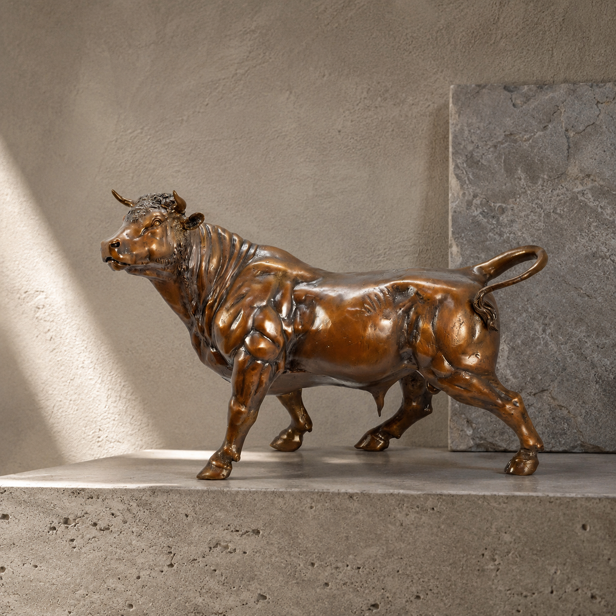 Sculpture de taureau en bronze à patine brune dorée