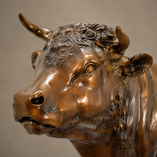Sculpture de taureau en bronze à patine brune dorée, vue 2