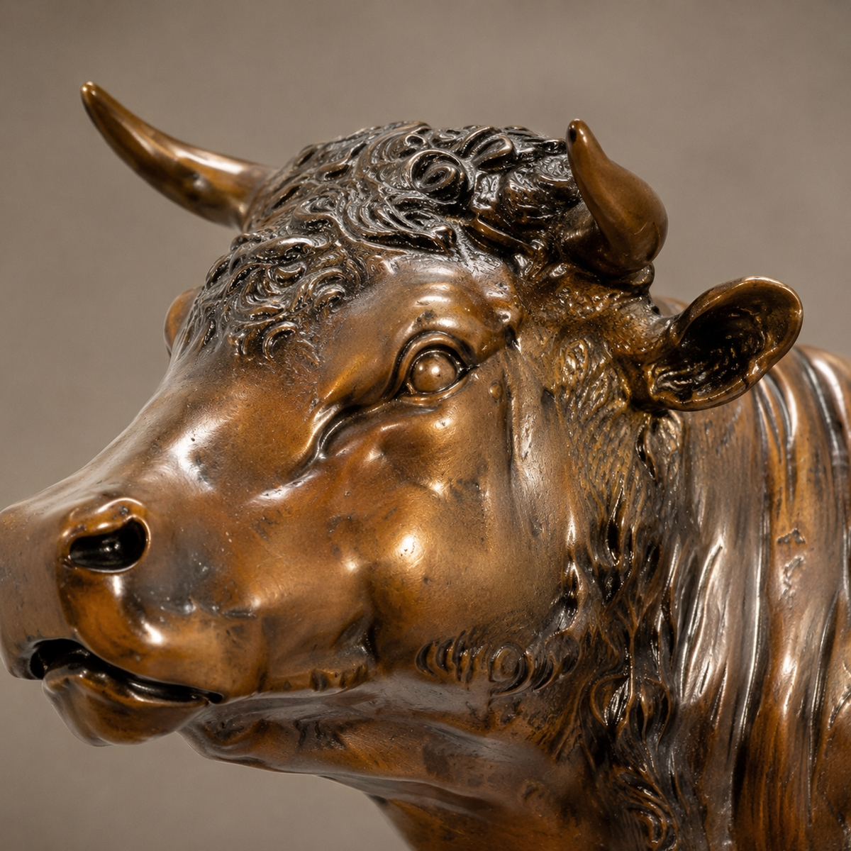 Sculpture de taureau en bronze à patine brune dorée, vue 3